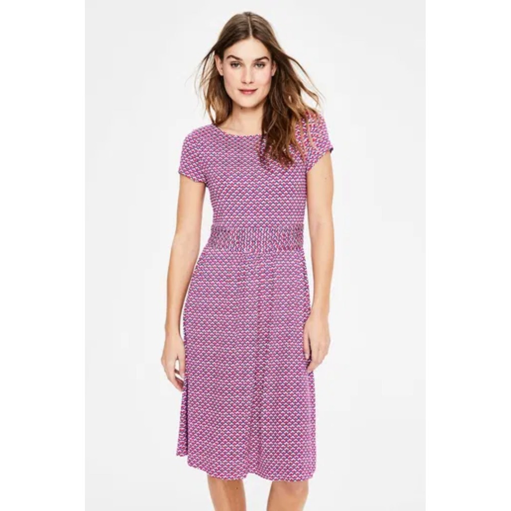 Boden Amelie Jersey Dress Pink Blue Chevron Pocket Dress US 14R Knee Length